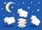 Three sheep jumping over the pillows sleep time count sheeps from insomnia on a blue background with stars and moon illustr