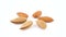 Three shelled and three peeled almonds in a shape of star. Rotating on the turntable. Isolated on the white background