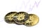 Three shiny bitcoin coins on white background with trading chart