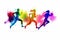 Three silhouetted runners in multi-color illustration on white background.