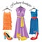 Three silk dresses with shoeses.Fashion boutique