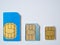 Three sim cards micro, nano on white background