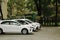 Three similar white cars of different brands are parked. Modern cars, side view