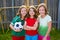 Three sister girls friends soccer football winner players