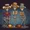 Three skeletons in hats, elegantly decorated, hats at their feet, dark background. For the day of the dead and Halloween