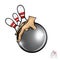 Three skittles behind the hand which hold bowling ball. Sport round logo for any team or championship isolated on white