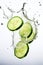 Three slices of cucumber falling into the water. Generative AI image.