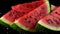 Three slices of watermelon on a black surface. Generative AI image.