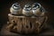 Three small birds sitting on a wooden stump in the studio on a dark background