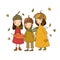 Three small forest fairies. Cartoon elves. Autumn postcard. Three sisters in fancy dress - Vector