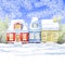 Three small house in a village near the winter forest. winter card