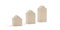 Three small wooden houses in rising heights over white background, rising home or property value, mortgage, insurance or cost
