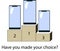 Three smartphones stand on a pedestal