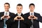 Three smiling businessmen show love sign