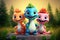 three smiling cartoon dragons sitting together in a sunset forest
