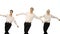 Three smiling guys in white shirts doing synch dance routine loo