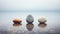 Three smooth pebbles reflecting in shallow water on the seaside. Oval stones in a calm misty ocean. Generative AI