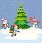 Three snowman holding gift and winter background