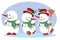 Three snowmen in green scarves and red top hats with a broom rejoice that the New Year holiday is coming soon,