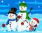 Three snowmen in hat and caps on a winter. Christmas characters