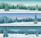 Three snowy landscapes banner with wild nature, mountains and snow trees. Winter holidays. Vector