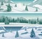 Three snowy landscapes banner with wild nature, mountains and snow trees. Winter holidays. Vector