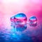 Three soap bubbles, shimmering pink and blue and reflecting the sky, above the serene water surface