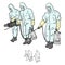 Three specialists in protective suit spraying disinfectant to cleaning and disinfect virus, Covid-19, Coronavirus, preventive