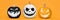 Three Spooky Halloween pumpkins with scary face expressions over orange background. Halloween banner.