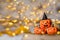 Three spooky orange pumpkins. Free space for a text. Closeup