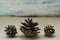 Three spruce cones lies on the craft background. The concept of winter and Christmas