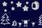 Three squares between fir trees under white stars and sleeping moon on navy blue background