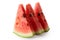 Three standing watermelon triangles with seeds isolated on whit