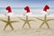 Three starfish with Santa hat on beach