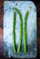 Three stems of fresh green asparagus on a stone board