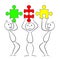 Three stick men with rectangle puzzle pieces. Eps 10 vector illustration