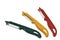 Three straight fruit vegetable skin peelers - bright red yellow and olive green