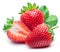 Three strawberries with strawberry leaf on white background.