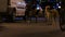 Three stray dogs in the street at night