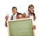 Three Students with Thumbs Up Holding Blank Chalk Board on White