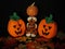 Three stuffed pumpkins, give thanks  HALLOWEEN THANKSGIVING see, hear, speak no evil