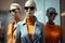 Three stylish manikins wearing sunglasses stand on showcase of shop window. Style, fashion, shopping concept. Generative