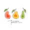 Three stylized pears, freehand lettering. Horizontal print, poster, stamp, label. Drawing with black one continuous line. Hand