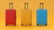 Three suitcase on yellow background. Red plastic travelbag, yellow and blue case travel concept. minimal style