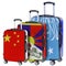 Three suitcases with the image of the flags