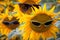 Three sunflowers with sunglasses in the field