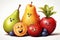 Three super sized and expressive cartoon fruit illustrations on a white background