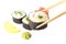 Three sushi, wasabi, gringer, lemon and sticks