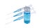 Three syringes and medical vial with light blue vaccine on white background