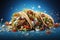 Three tacos with meat and vegetables on a blue background, AI